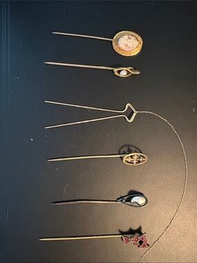 Gold Women’s Stick/Hair Pins with Pearl, Garnet Gem and Cameo Accents